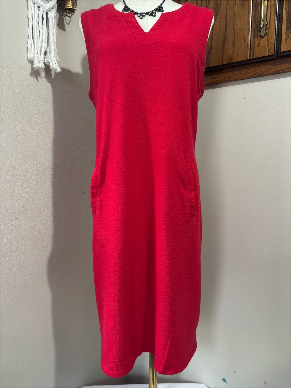 Vtg Liz Claiborne Red Sleeveless Notch Neck Pocket Midi Shift Dress L⁠
